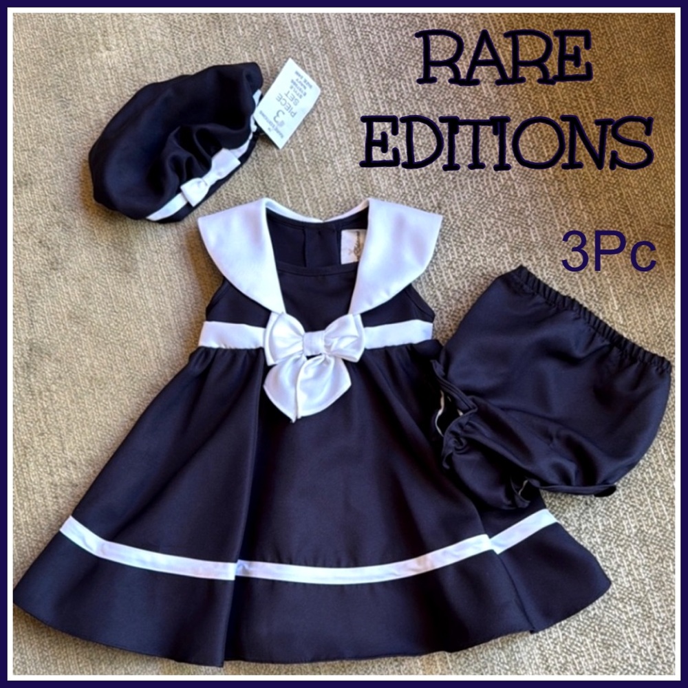 ⚓️Rare Editions Dark Navy & White Sleeveless Sailor Dress w/ bloomers & hat